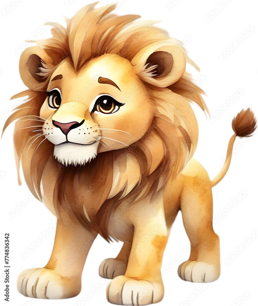 Watercolor drawing of a cute Lion in cartoon style.