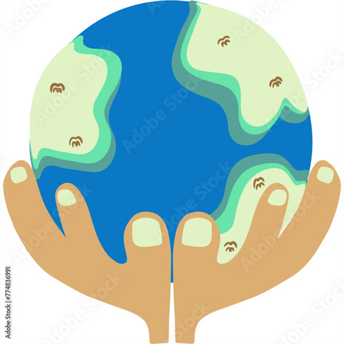 EPS file 3000*3000 300 dpi.  A paper cutout portraying hands cradling or holding the Earth to symbolize care, protection, and stewardship of the planet.