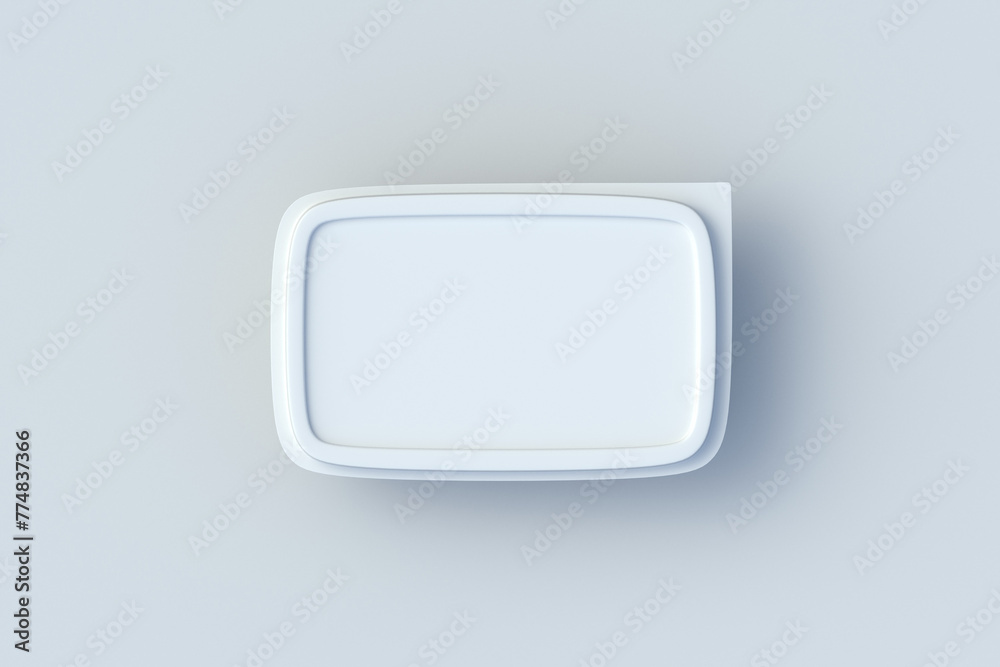 Plastic food container. Lunch box. Butter, cheese or ice cream package. Utensils for picnic. Disposable pack with lid for products. Fast food accessories. Top view. 3d render Plastic food container. Lunch box. Butter, cheese or ice cream package. Utensils for picnic. Disposable pack with lid for products. Fast food accessories. Top view. 3d render