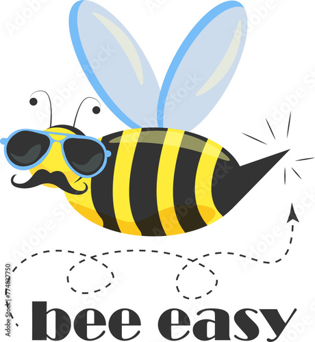 Funny bee male character with mustache, pilot sun glasses and typography Bee Easy vector