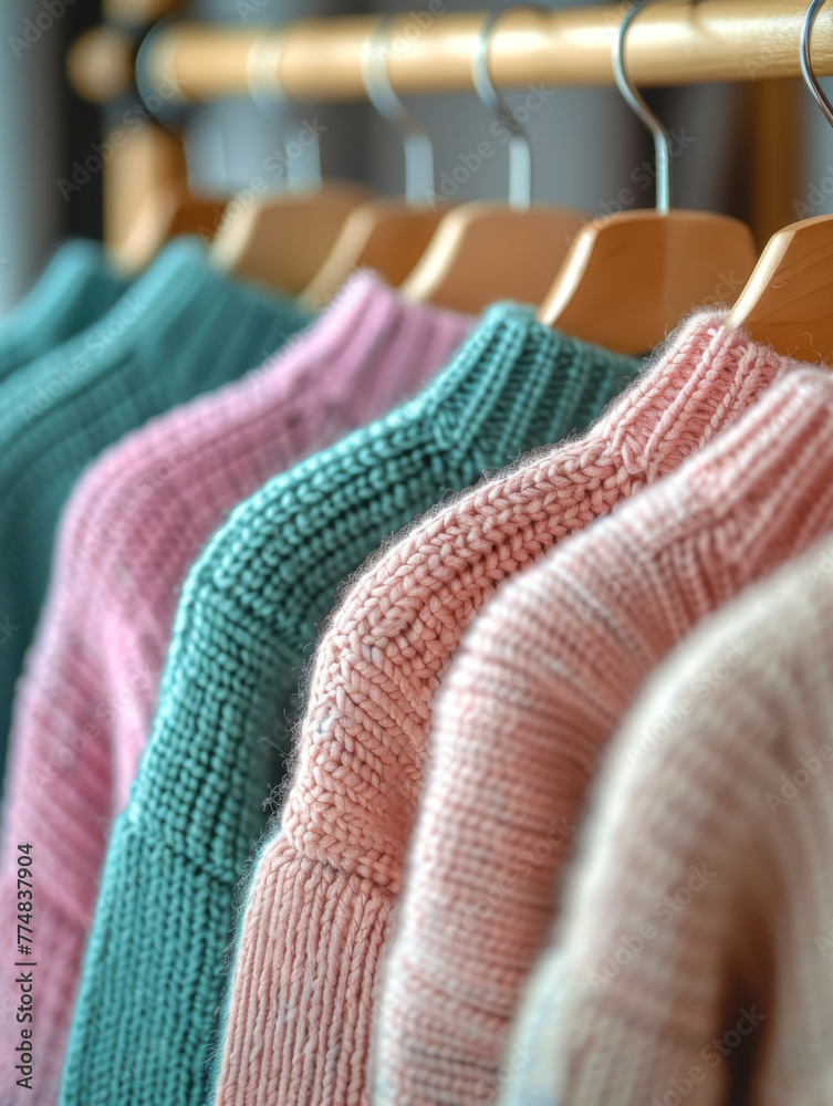 Obraz premium Knitted sweaters on hangers in a clothing store close-up, soft selective focus.