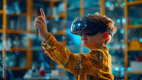 Curious Boy Exploring Virtual Reality in School Laboratory