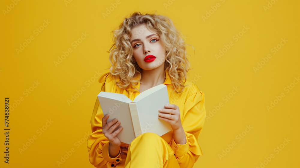 beautiful woman with red lipstick holding a white book in her hands beautiful woman with red lipstick holding a white book in her hands