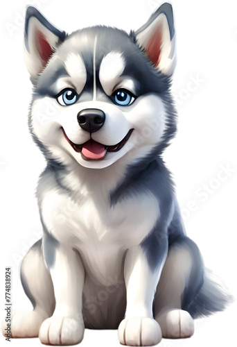 Watercolor drawing of a cute Siberian husky dog in cartoon style.