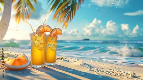 Sandy tropical beach with summer drinks, beach palm