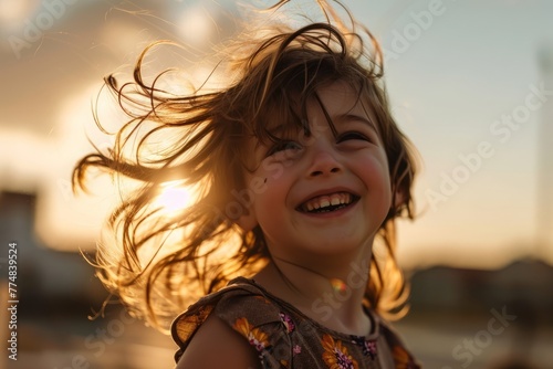 Portrait of a beautiful little girl with flying hair at sunset.