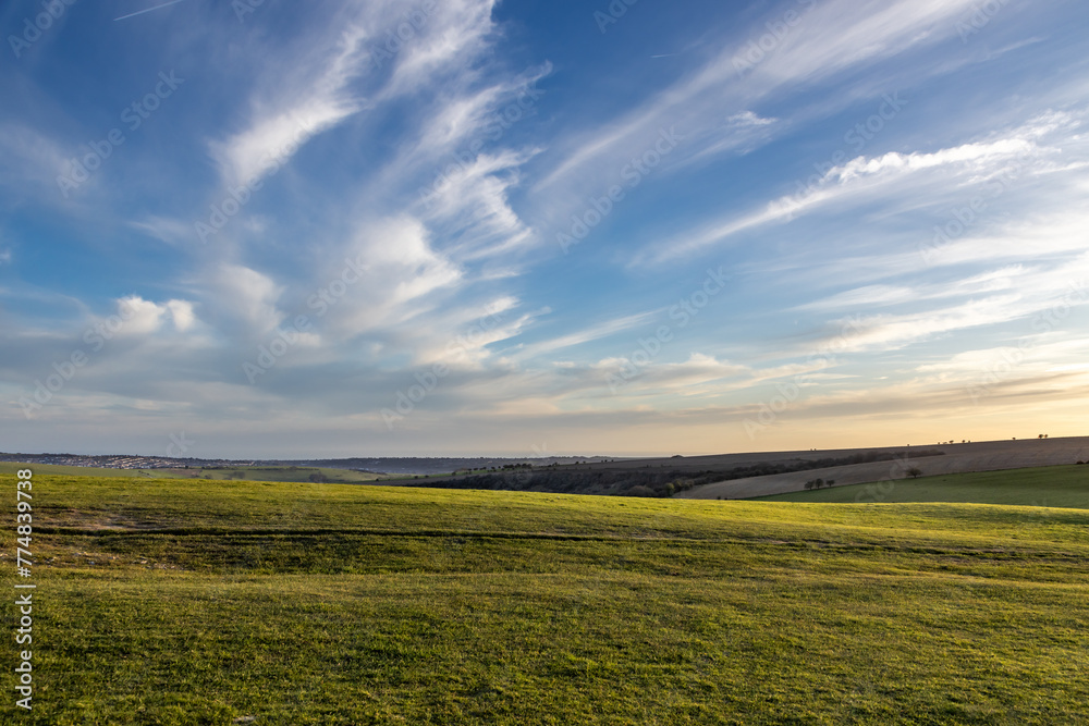 Looking out over fields with evening light, from Ditchling Beacon in the Sussex countryside