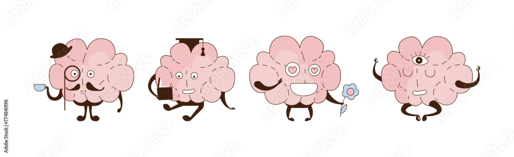 Obraz premium Funny Brain Character Engaged in Different Activity Vector Set