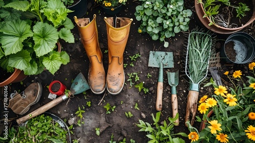 Assortment of Essential Gardening Tools and Protective Boots Laid on Lush Grassy Terrain,Signifying the Joy and Fulfillment of Cultivating a Thriving photo
