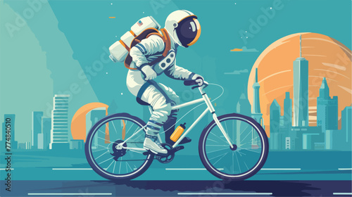 Astronaut riding bicycle in the city design. flat