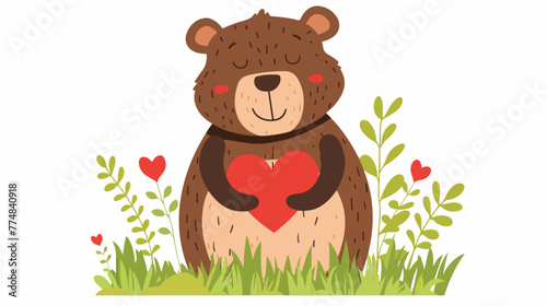 Bear holding red heart on green grass flat vec