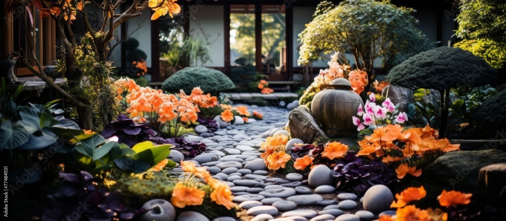 Scenic stone path lined with colorful flowers and scattered rocks in the middle
