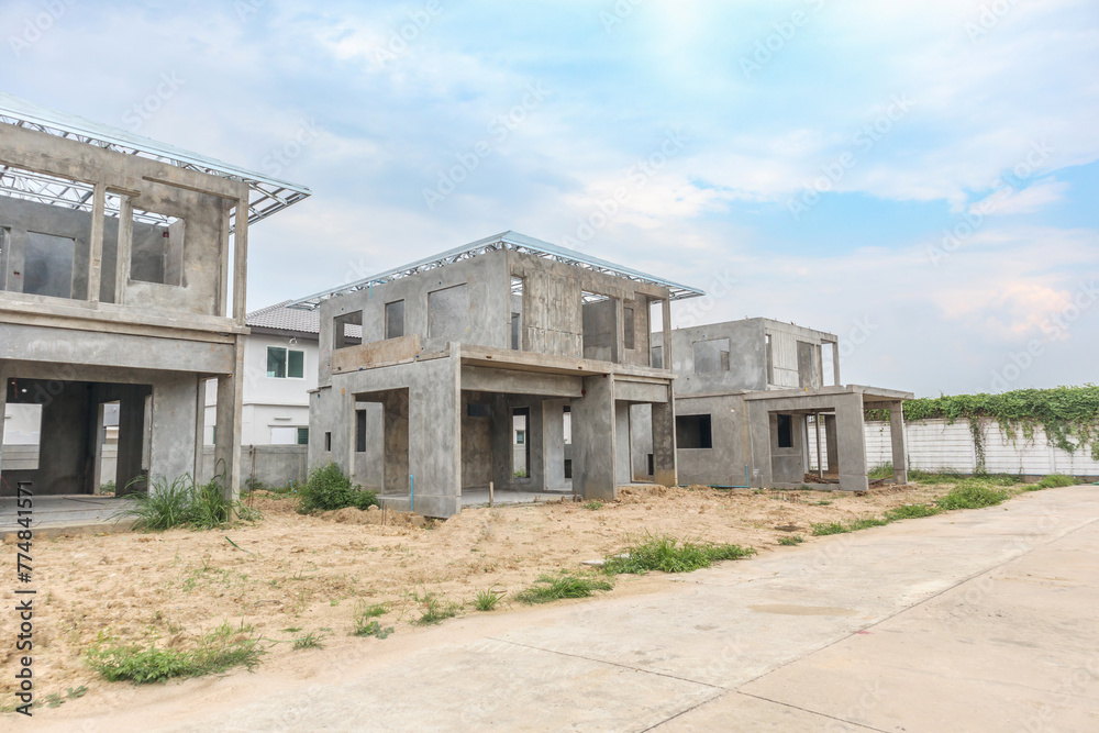 construction residential new house with prefabrication system in progress at building site construction residential new house with prefabrication system in progress at building site
