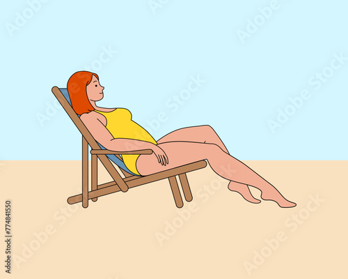 A red-haired girl in a yellow swimsuit sunbathes on a sun lounger. Vector illustration in flat style isolated on white background. Female character sunbathing on the beach