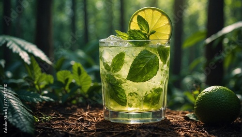 Glass of classic alcoholic mojito with ice, in the forest