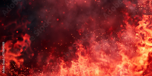 Burning red hot sparks rise from a large fire in the night sky black and red background