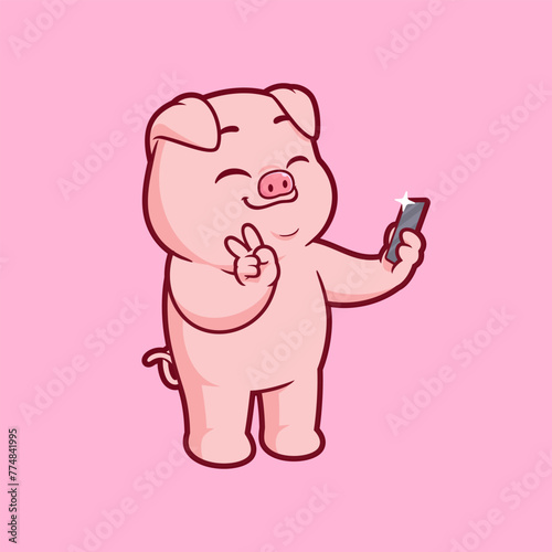 Cute pig selfie with smartphone cartoon vector icon illustration. Flat style animal cartoon logo mascot