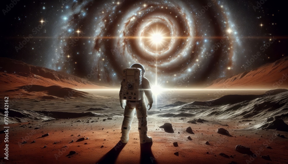Fototapeta premium An astronaut in a spacesuit stands on the surface of Mars against the backdrop of a spiral of stars in black space. The future of astronautics, exploration, exploration of new planets. Cosmonautics Da