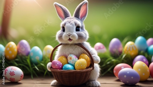 Bunny Sitting in a Basket With Eggs