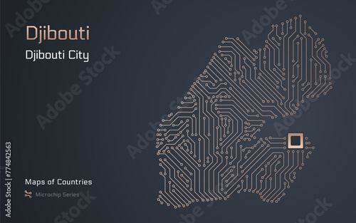 Djibouti Map with a capital of Djibouti City Shown in a Microchip Pattern with processor. E-government. World Countries vector maps. Microchip Series 