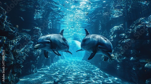 Two dolphins gracefully navigate the underwater ballet amongst the coral, a scene of harmony and aquatic elegance perfect for wildlife and marine themes.