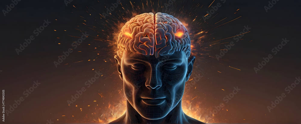 Burnout concept with male head and brain exploding Burnout concept with male head and brain exploding