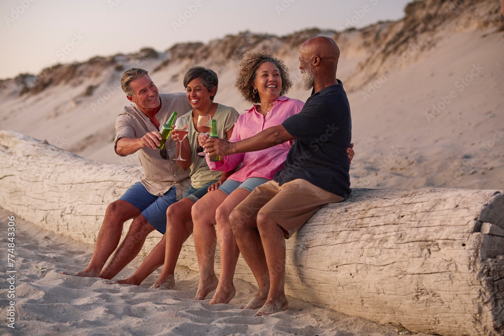 Mature Couple With Friends Sitting Outdoors On Beach Drinking Beer And Wine Watching Sunset