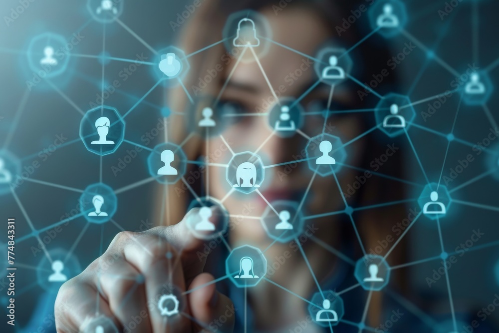 A person connects with others digitally, a web of communication.