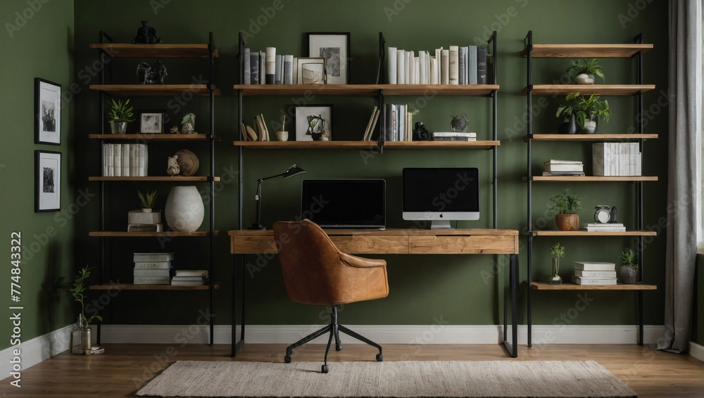Study room wall mockup with bookshelves and desk on olive green wall background. Change the colors and make each prompt different. Study room wall mockup with bookshelves and desk on olive green wall background. Change the colors and make each prompt different.
