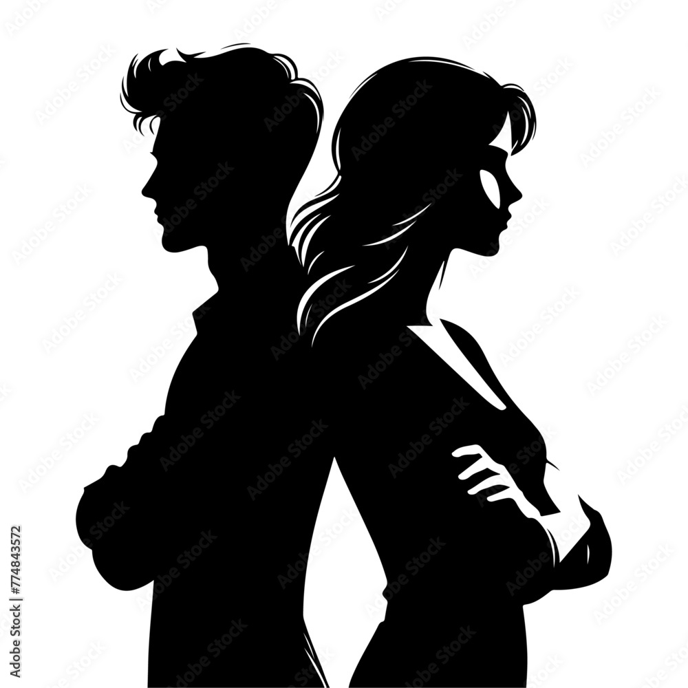 partnership in business. Young man and woman standing back-to-back with crossed hands vector Black color silhouette, isolated white background 14