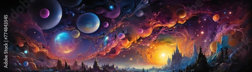 A space scene where a cosmic monster emits colorful bubbles, creating a vibrant yet eerie cosmos,