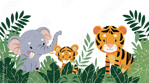 Elephant and tiger in the jungle flat vector isolated