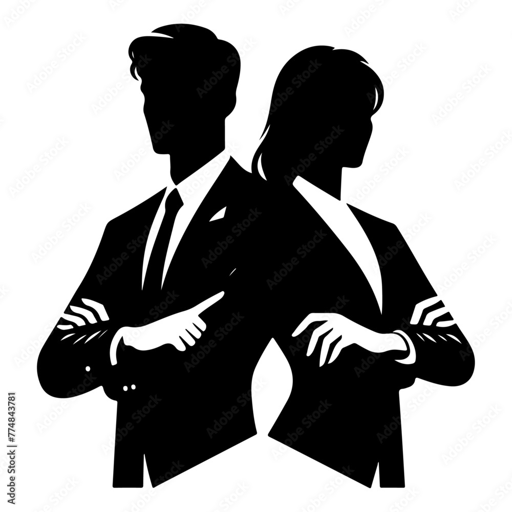 partnership in business. Young man and woman standing back-to-back with crossed hands vector Black color silhouette, isolated white background 19
