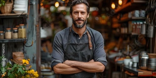 A man in a black apron stands in front of a shop his face partially hidden. Concept The photo depicts a man in a black apron standing in front of a shop with his face partially hidden,