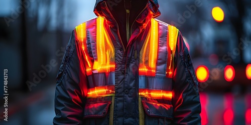 A safety vest with fluorescent green stripes and zipper designed for traffic workers for enhanced visibility. Concept Safety, Traffic, Workers, Visibility, Fluorescent Green