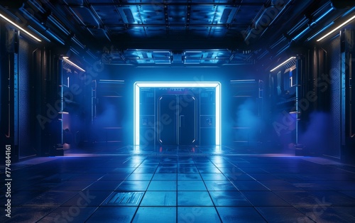 Futuristic Industrial Alien Interior Empty Studio Ultra Modern Laser Glowing with Black Colors 3D Rendering