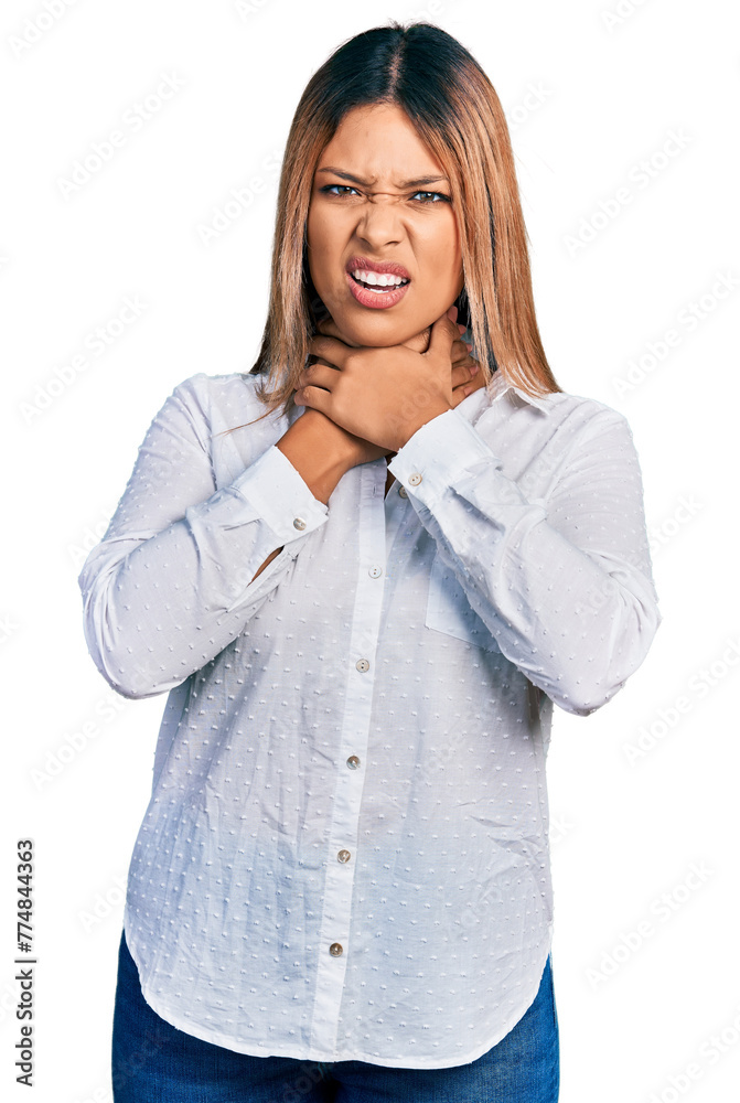 Young hispanic woman wearing casual white shirt shouting and suffocate because painful strangle. health problem. asphyxiate and suicide concept. Young hispanic woman wearing casual white shirt shouting and suffocate because painful strangle. health problem. asphyxiate and suicide concept.