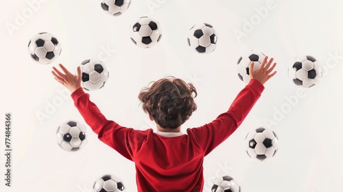 Boy juggles soccer balls, view from the back, football background. Generative AI © masharinkaphotos