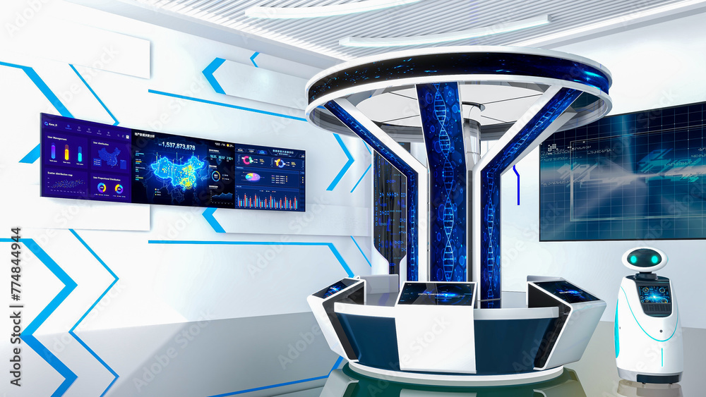 Futuristic Sci-Fi Hallway Interior with Information Desk, Smart Robot and Monitor Screen on Wall, 3D Rendering - obrazy, fototapety, plakaty 