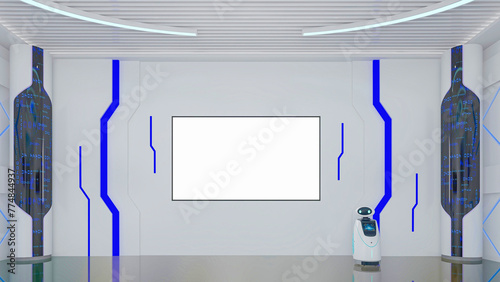 Futuristic Sci-Fi Hallway Interior with smart Robot and Monitor Screen on Wall, 3D Rendering