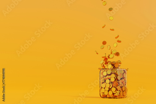 Gold coin falling in glass jar, until full, savings growth money concept, bank deposit, 3D rendering.