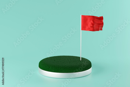 Green grass podium with red flag for product show, 3D rendering.