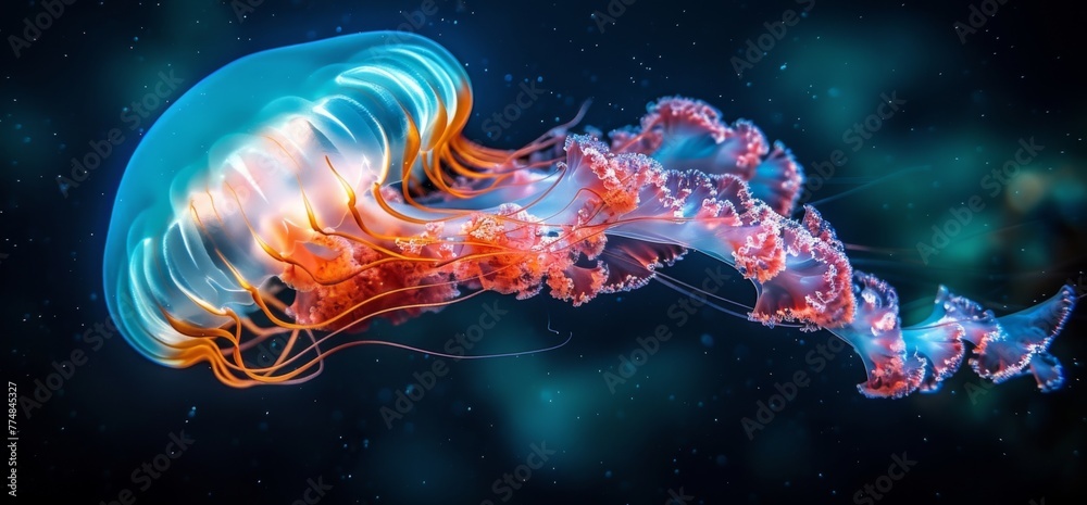 Fototapeta premium Bioluminescent Jellyfish Glowing Under the Deep Blue Sea