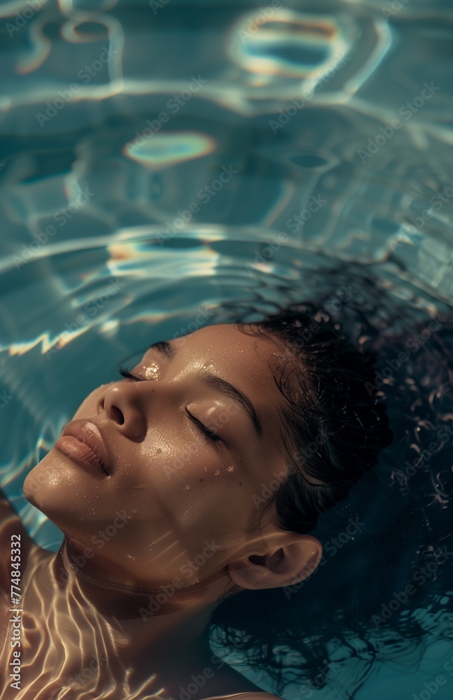 A beautiful woman lies in the water of an indoor pool with her eyes closed, seen from above and behind, closeup of her head and shoulders
