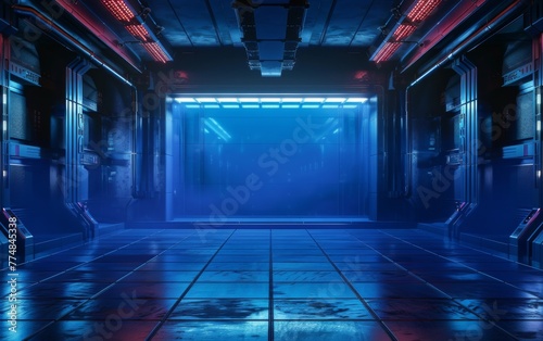 Futuristic Industrial Alien Interior Empty Studio Ultra Modern Laser Glowing with Black Colors 3D Rendering
