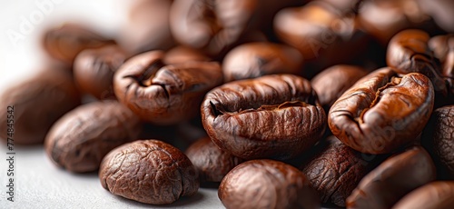 Detailed View of Freshly Roasted Coffee Beans on Textured Surface. photo