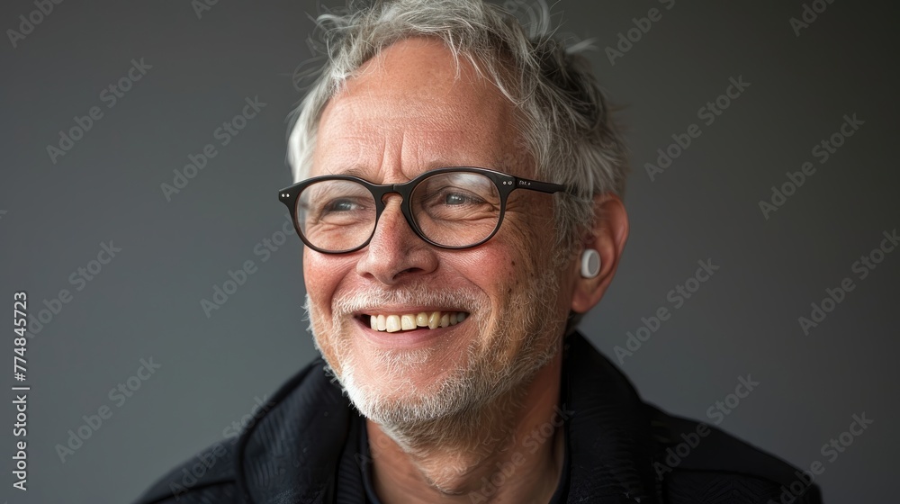 Obraz premium Laughing senior Caucasian man with earbuds and stylish eyeglasses.