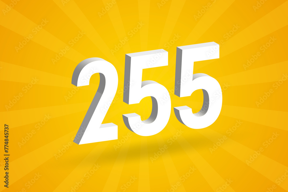 3D 255 number font alphabet. White 3D Number 255 with yellow background