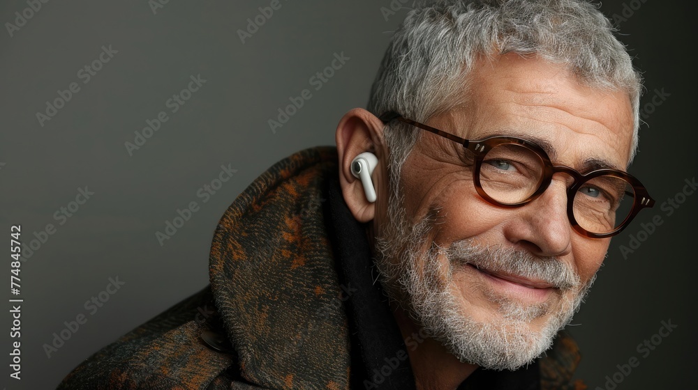 Fototapeta premium Elderly Caucasian man with white beard, glasses, and earphones, smiling to the side.