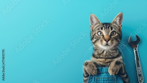 Cat wearing overalls and holding wrench against blue background, mimicking mechanic
